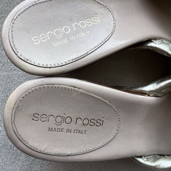 Sergio Rossi Metallic Gold Wood Wedge Heeled Sandal Women EU 37.5 US 7.5 Knotted - Picture 14 of 16